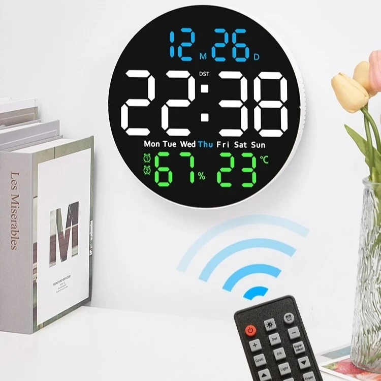 

With Ambient Light Led Digital Alarm Clock10-inch Remote Control Circular Wall Clock with Temperature/humidity Meter Timer Date