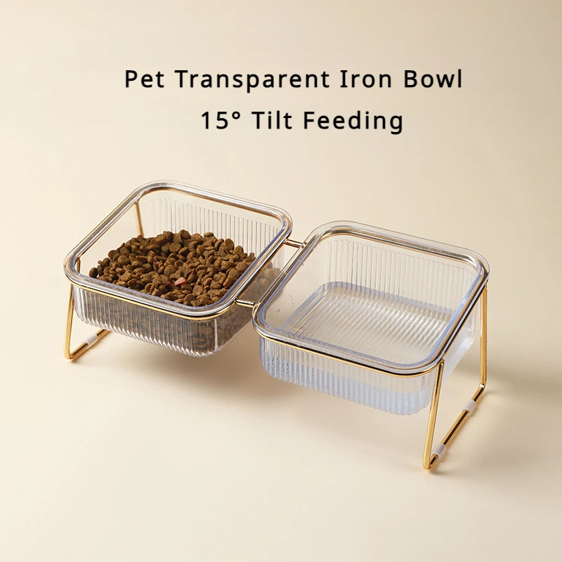 

Cat Double Bowl Transparent High Feet Cat Iron Bowl Oblique Mouth Water Feeder With Golden Stand Raised Food Bowl Pet Supplies