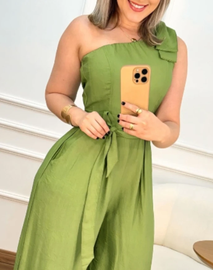 Jumpsuit Women 2025 Spring New One Shoulder Sleeveless Ruched Long Jumpsuit Casual Tied Detail Loose Fit Wide-Leg Romper