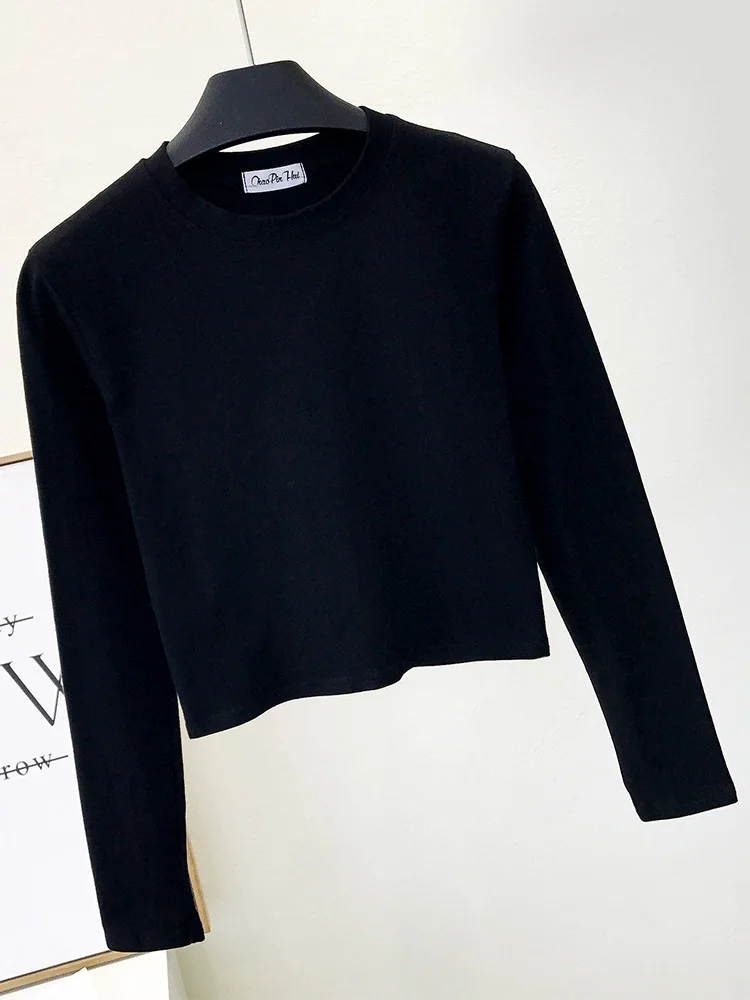 Sexy Black Cotton Women's Clothing O-Neck Long Sleeve Navel Autumn Base Women's Clothing Fashion Casual Ropa Mujer