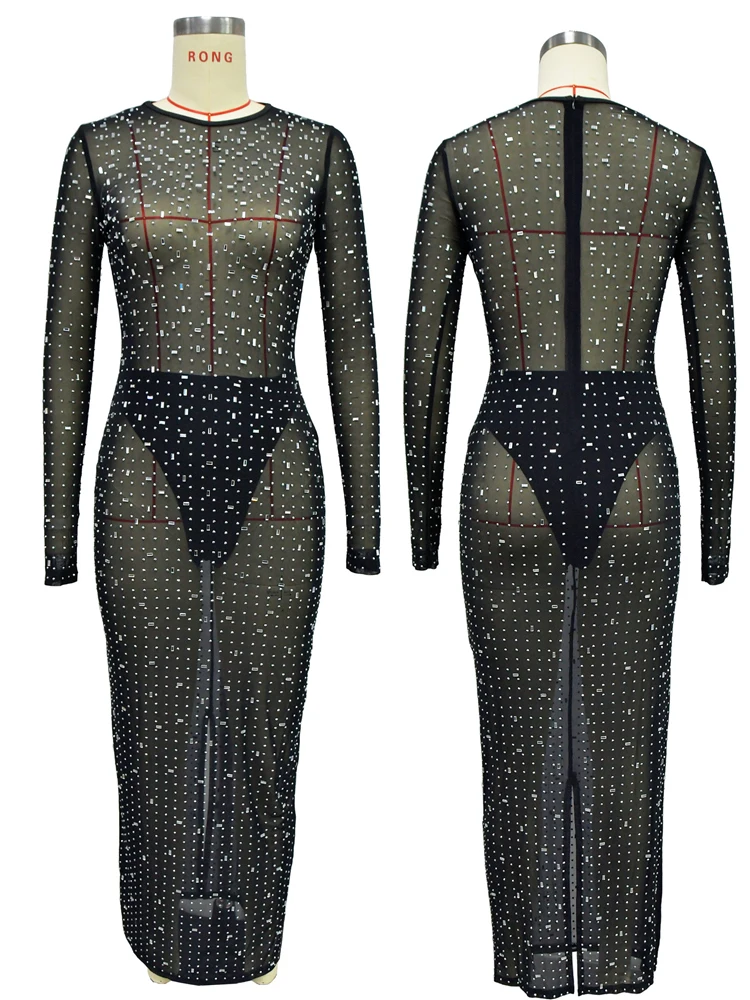 knee length dresses for ladies Long Sleeve Bodycon Maxi Dress in Mesh