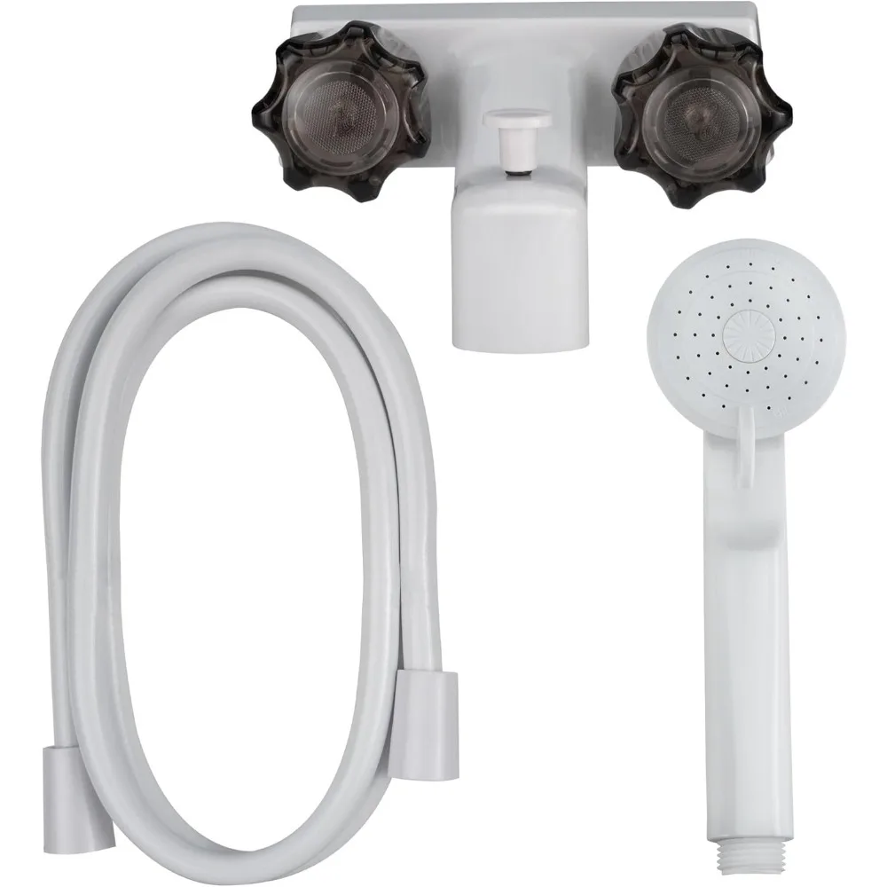 

Four Inch RV Tub Shower Diverter Faucet with Handheld Shower Head and Hose White Smoke Finish