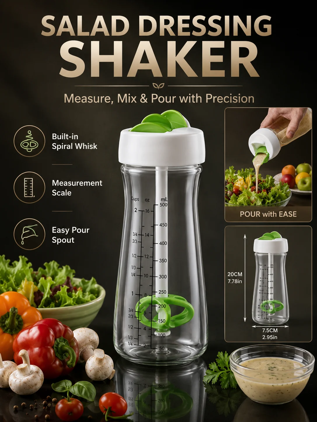 Salad Dressing Shaker Bottle with Scale, ABS Material, Handheld Mixer, Dishwasher Not Safe