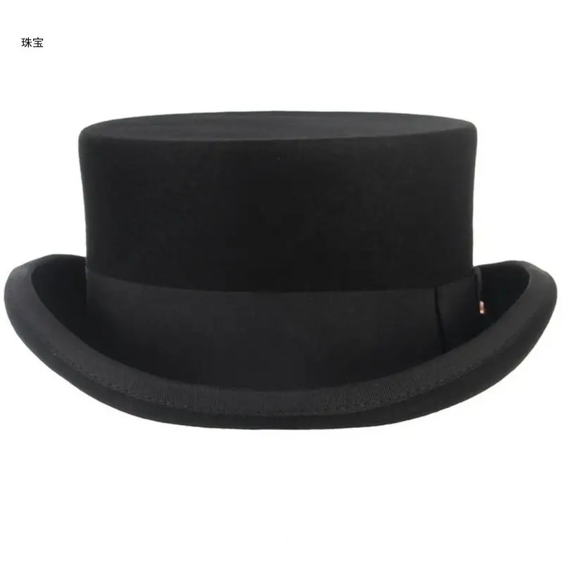 X5QE Vintage Black Top Hat Woolen Felt Panama Hat Cosplay Costume Role Play Headwear