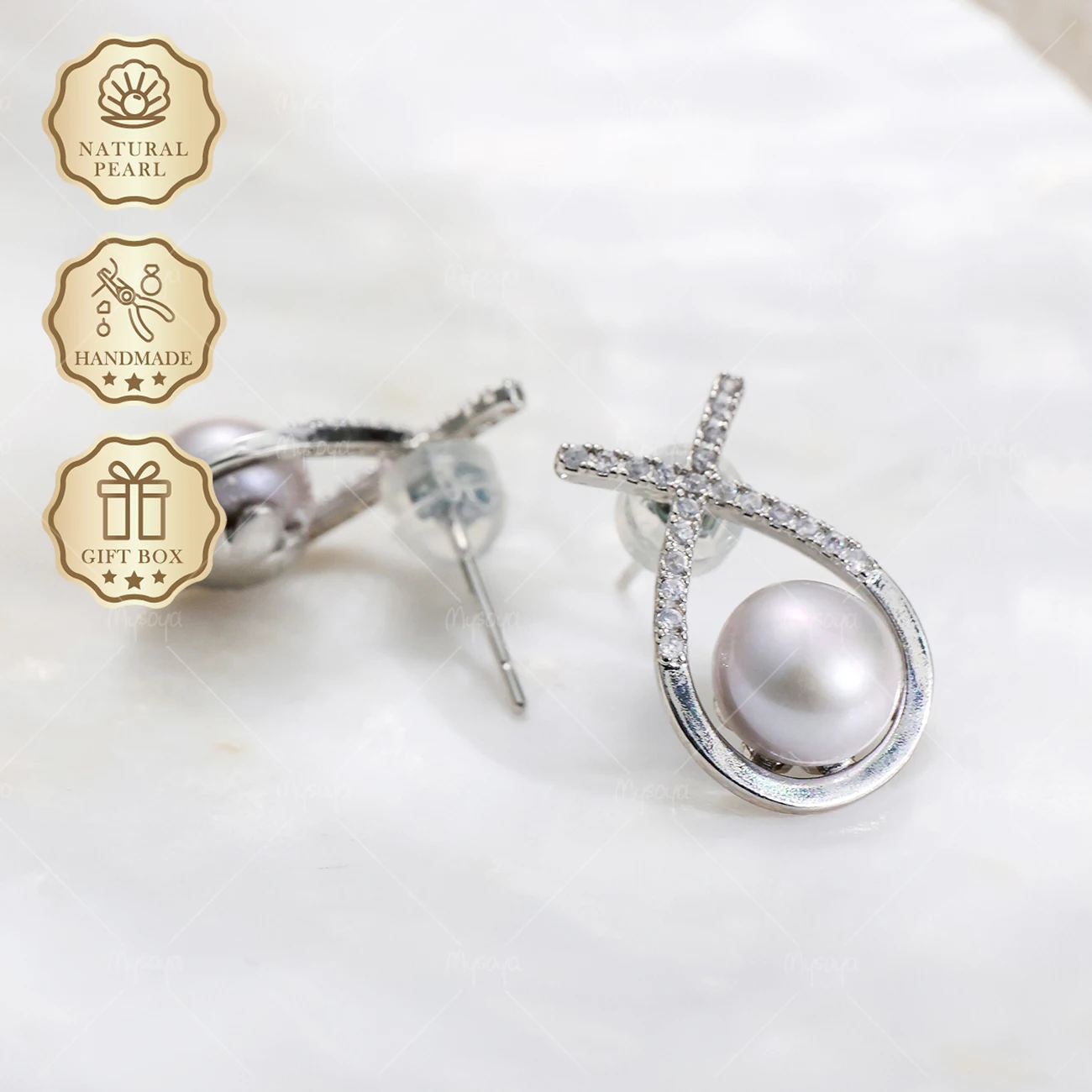 

MYSOYA 7-8mm Silver CZ Fish Pearl Stud Earrings, Gift Box, Birthday & Mother's Day Jewelry S411