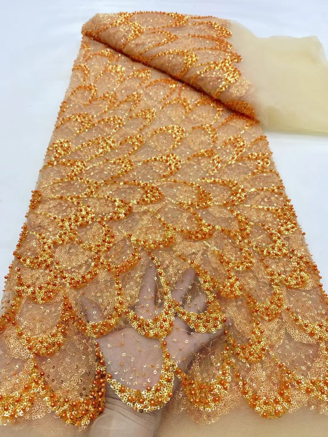 

(5yards/pc) Gorgeous pearls tube beads sequins embroidered African wedding tulle lace gold French net lace fabric FDP126