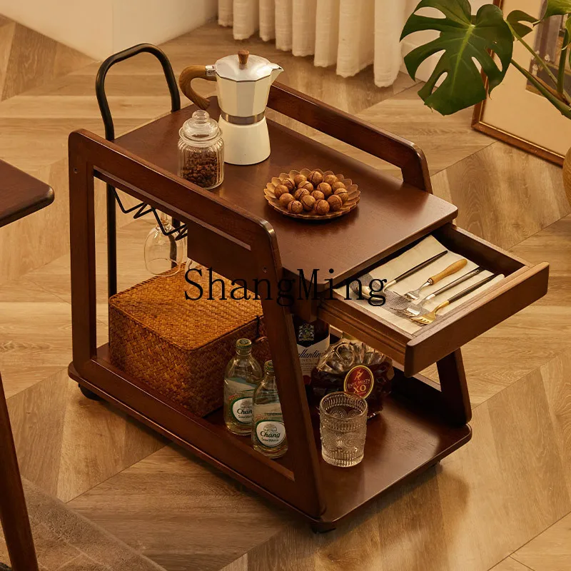 

FG solid wood coffee table cart vintage Internet celebrity household storage rack movable food cart bedside table
