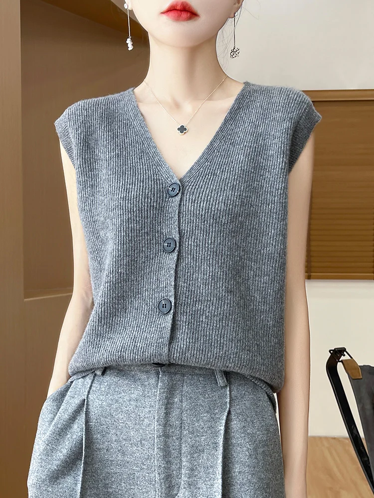 Women's Wool Waistcoat Cardigans V-neck Sweater Sleeveless Cashmere Striped Vest 100% Merino Wool Knitwear Autumn Winter Popular