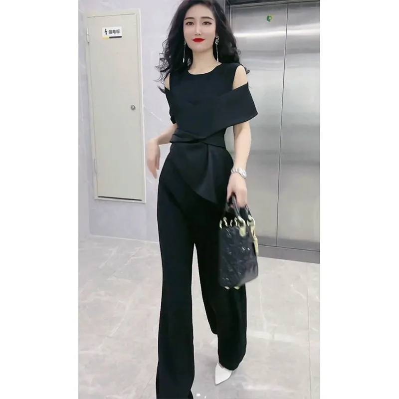 2023 Summer Korean Version of New High-end Fashion Temperament Jumpsuit Women\'s Slim High Waist Wide Leg Casual Jumpsuit