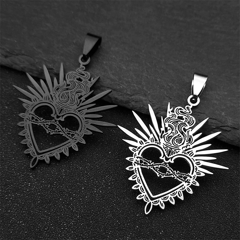 3Pcs Hollow Flaming Sacred Heart Charms Thorns Sacred Heart pendants For Women Men Stainless Steel Black Faith charms Jewelry