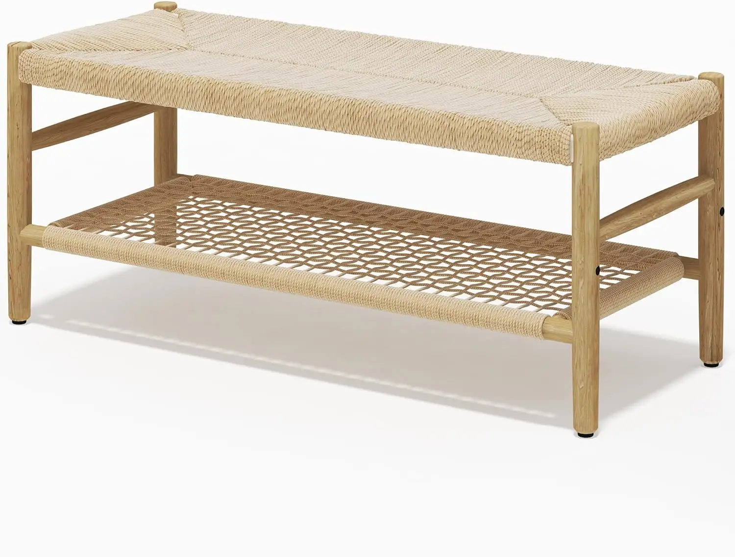 Indoor Entryway Bench with Paper Cord Ottoman & Grid Storage Rack, Mid-Century Long Bench with Rubber Wood Legs, End Bed Bench