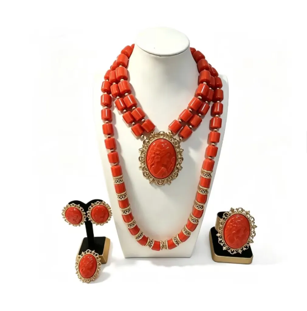 4Pcs Coral Beads Jewelry Set Nigerian Wedding Bridal Gold Plated African Jewelry for Black Women
