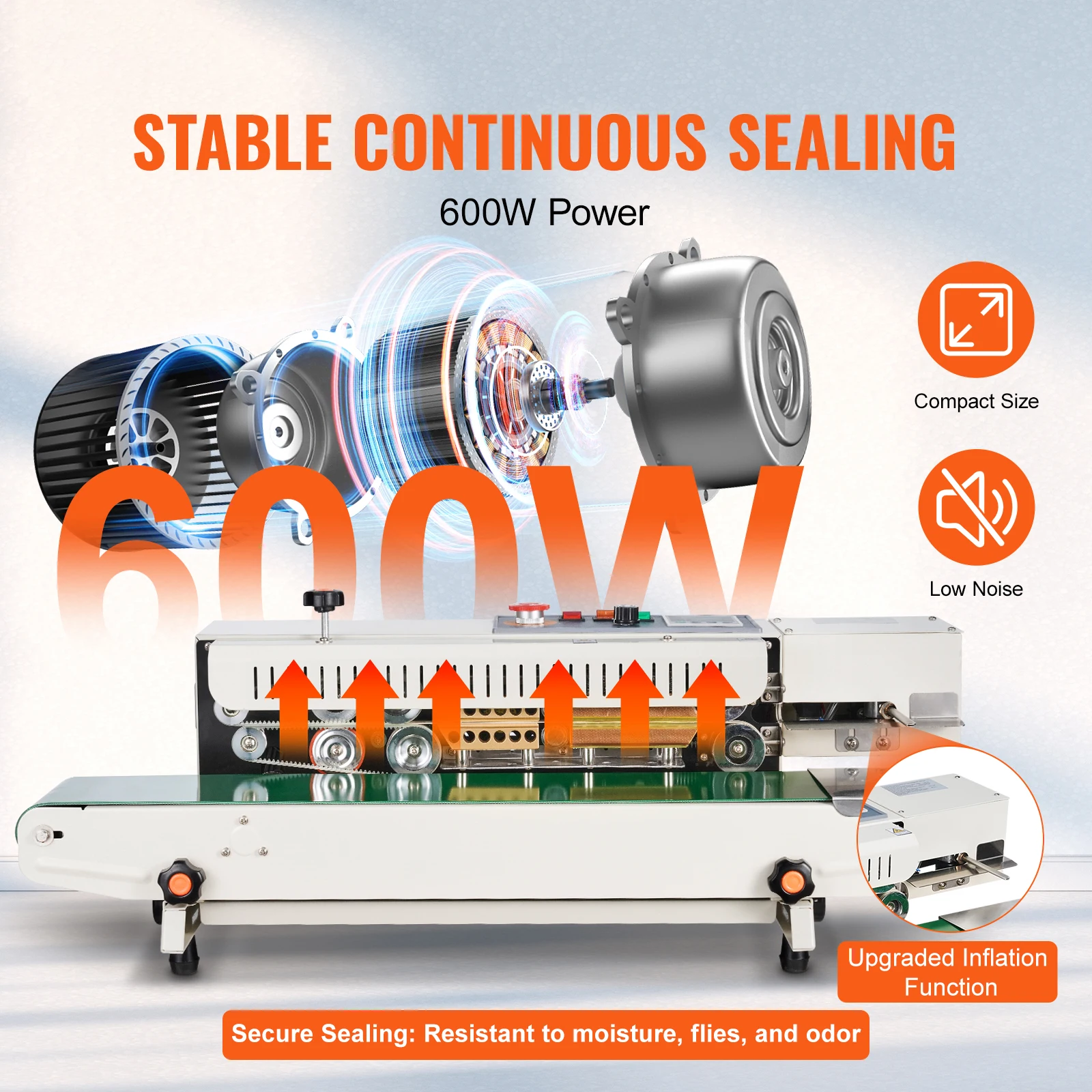 SucceBuy Continuous Bag Band Sealing Machine 6-12 mm Horizontal Band Sealer with Inflation Function for 0.02-0.8 mm Plastic Bags