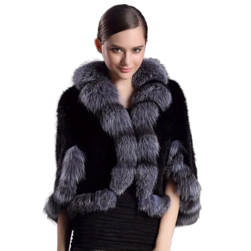 2023 women winter wedding luxury mink fur shawl with real fox fur collar and trim genuine knit mink fur poncho fox fur trim