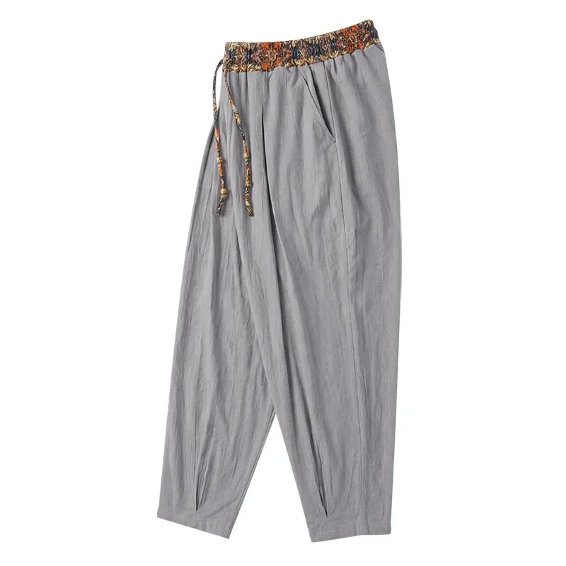 Herren 95% Leinen Haremshose Boho Blumenmuster Kordelzug Taille Lässige Weite Hose Strand Urlaub Knöchellange Hose – Detail 34