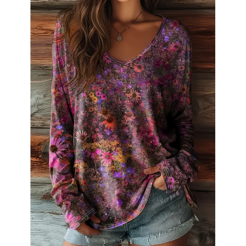 Women's Vintage Oil Painting Floral Print V Neck Blouse T Shirt Loose Fit Tunic Top Spring Summer Casual Elegant Momwear Suitabl