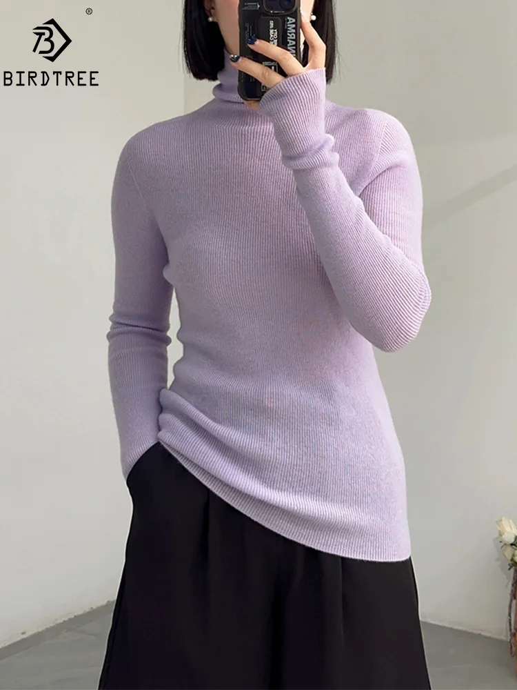 Birdtree 100%Merino Wool Elegant Thin Sweater, Women Turtleneck Long Sleeve, Basics Bottom Knit Tops, 2024 Summer Fall T46841QM