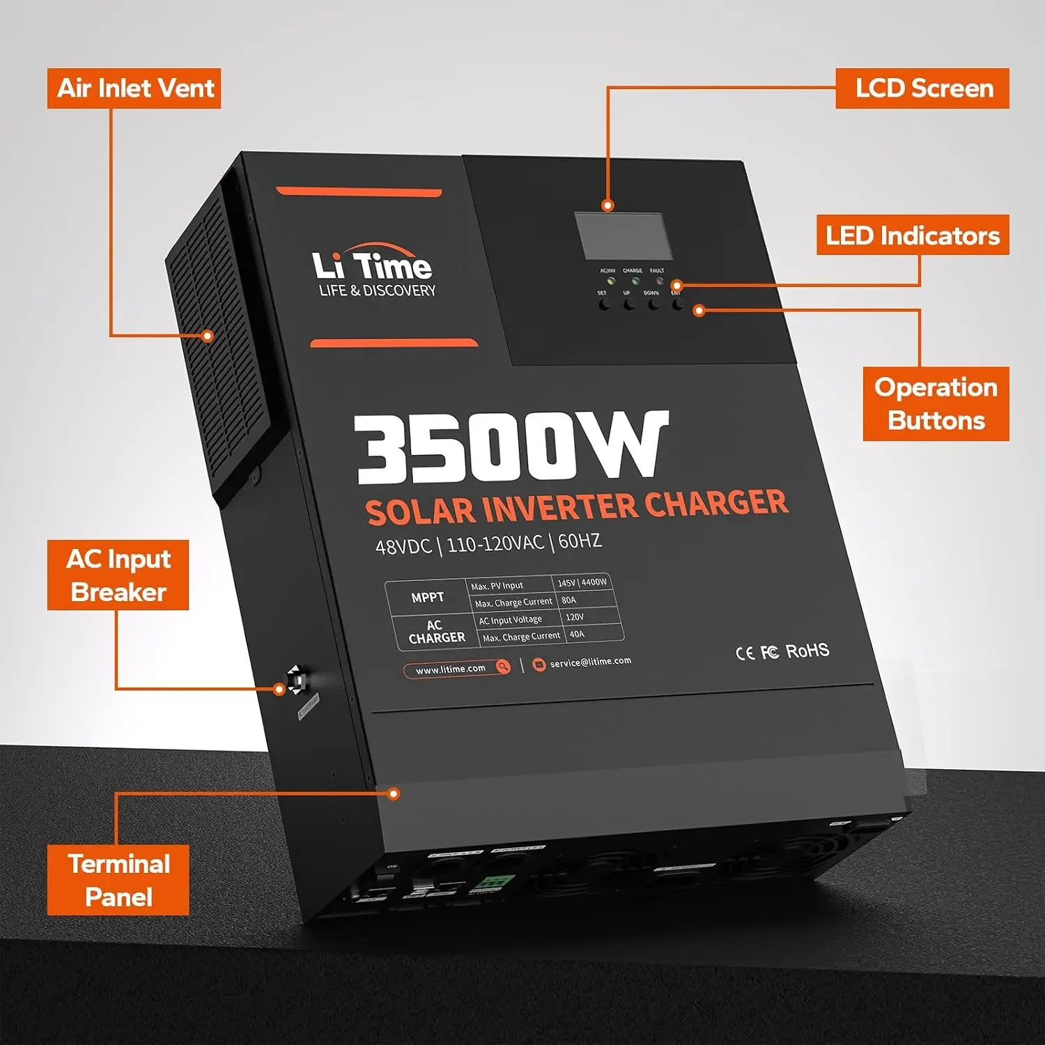 LiTime 3500W Solar Hybrid Inverter, 48V DC To 120V AC All-in-One Solar Inverter Charger, Built in 80A MPPT Charge Controller, for 48V Lead Acid/LiFePO4 Battery, Home Energy Storage, Off-Grid