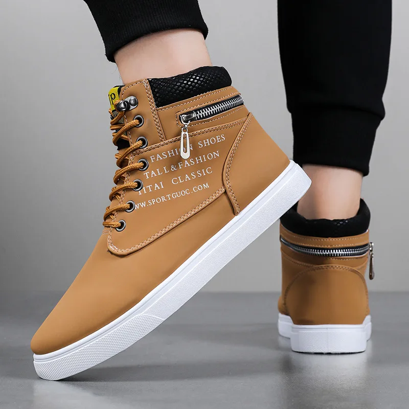 Spring Autumn High Top Men's Shoes Leather Man Casual Shoes Lace-up Wild Platform Sneakers Flat Vulcanized Male Shoes Zapatillas