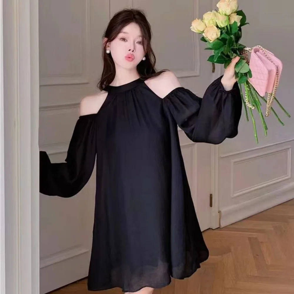 

Sweet Lantern Sleeve Off Shoulder Halter Dress Thin Korean Style Halter Mini Dress Beachwear Elegant A-line Short Skirt Women