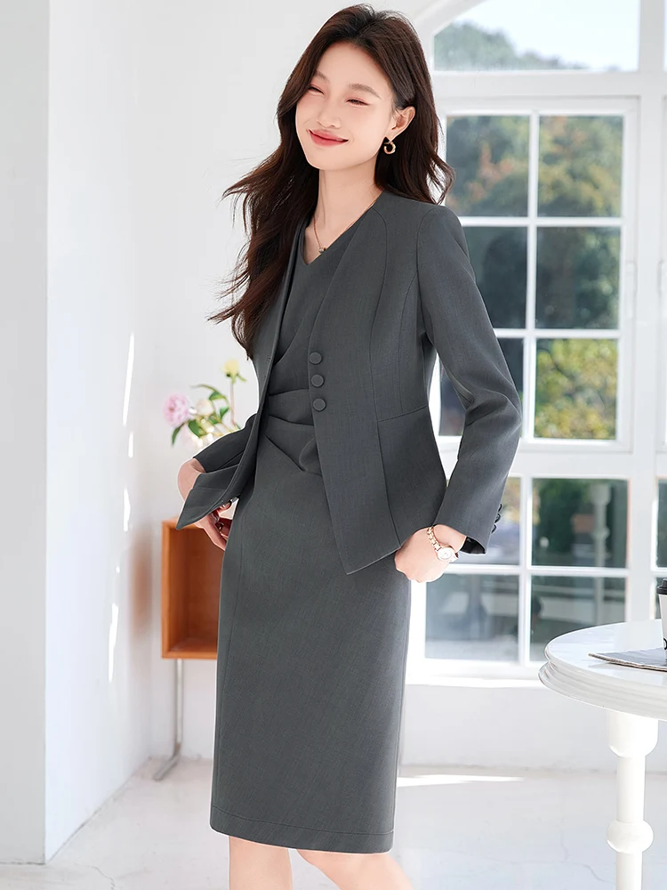 Setelan Bisnis Wanita Formal Gaya Elegan Set Blazer Pakaian Kerja Kantor Profesional dengan Gaun dan Jaket Mantel Wawancara Karir