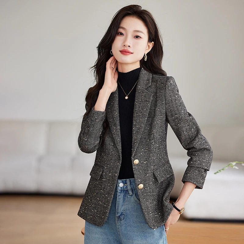 ZJYT New Autumn Winter Outerwears Casual Blazers Turn Down Collar Women Coat Jackets Plus Size Vintage Feminina Casaco Plus Size