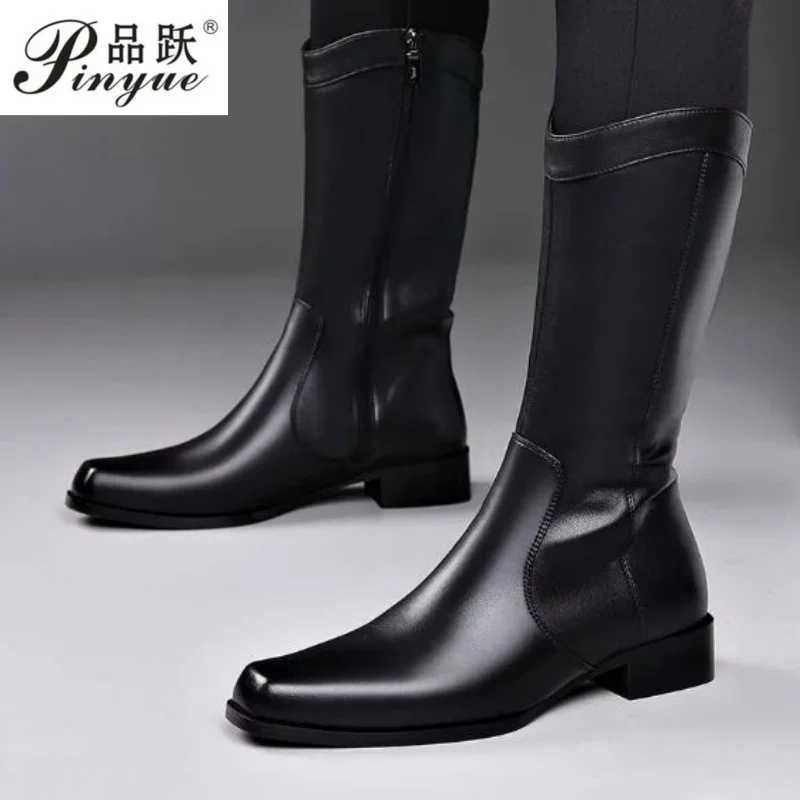 

Long Boots Men's Leather Dermis High Plush Riding Denim Boots High Top Zipper Riding Ankle Boots 2023 New Model Ankle Increase