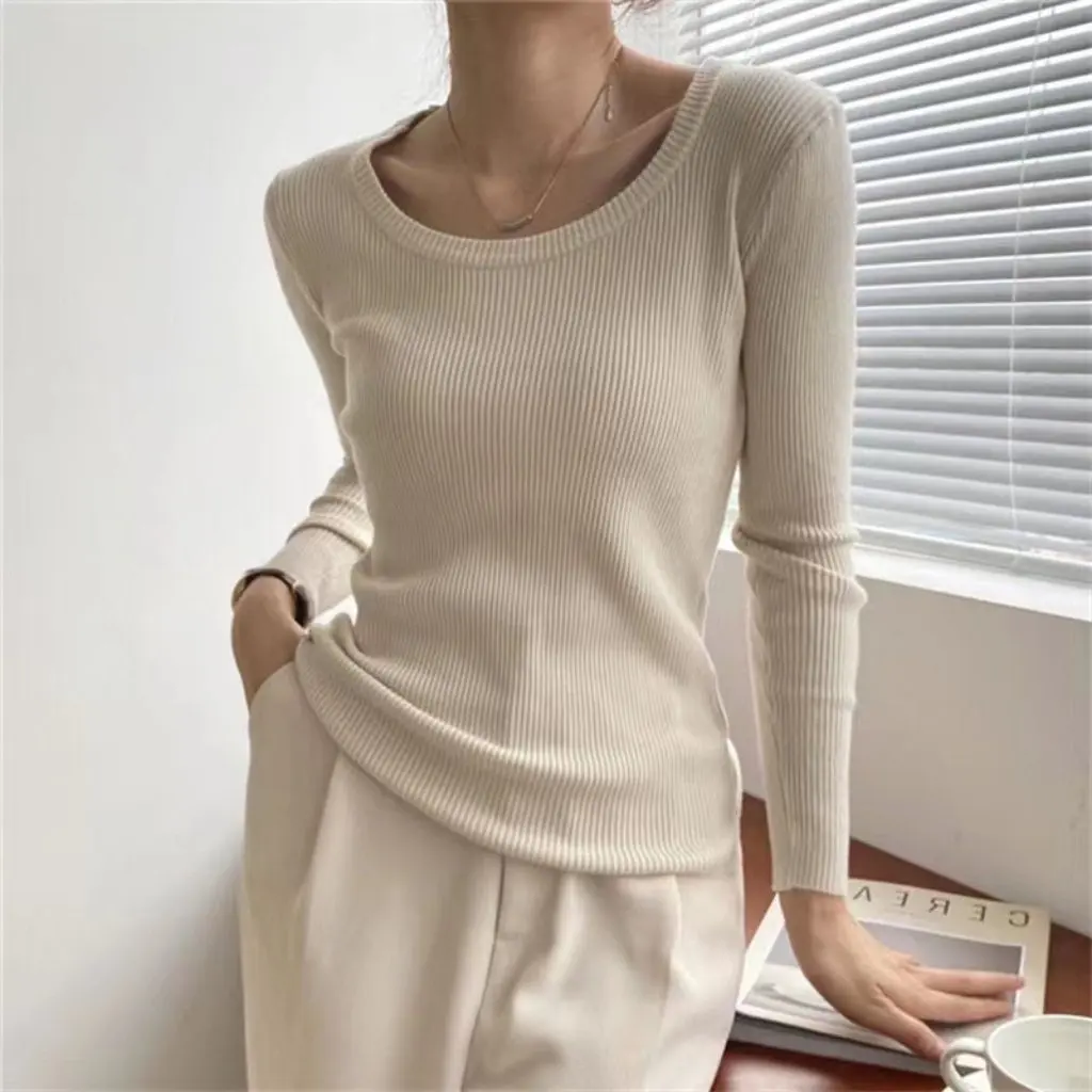

Women's Crewneck Pullover Sweater Slim-fit Elegant Base Shirt Western Style Trendy Autumn Winter New Design with Coat