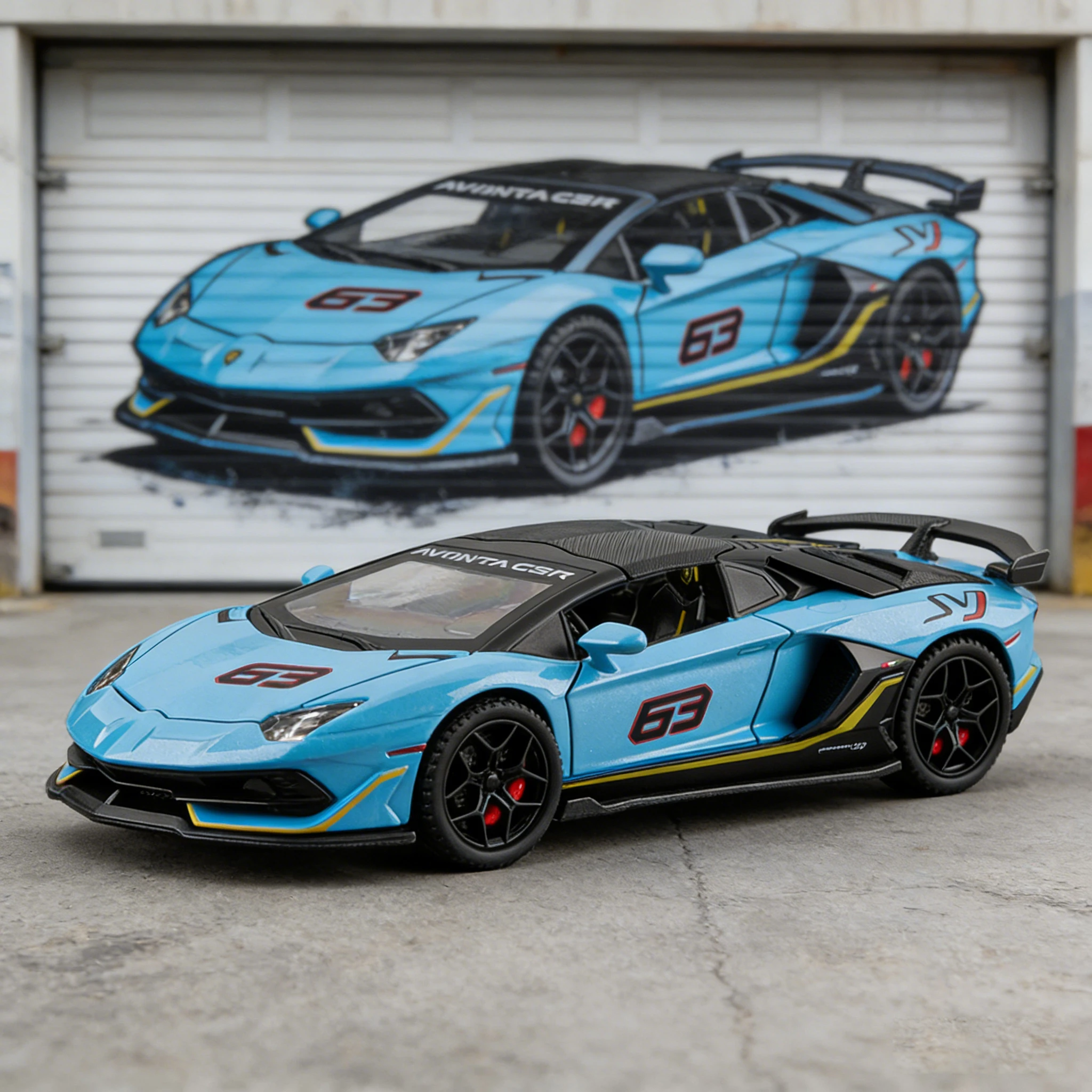 

1:32 alloy die-cast SVJ63 sports car model with door opening, sound and light pull back, children's toy birthday gift