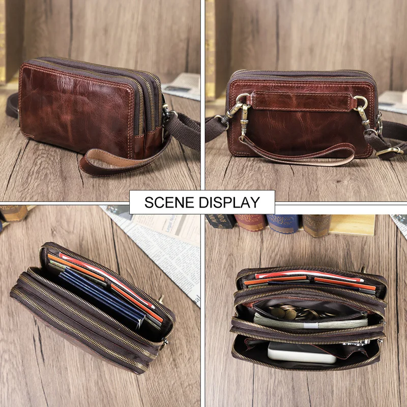 

Oil leather wrist strap hold three zipper bag with leather mobile phone storage large capacity cross body purse