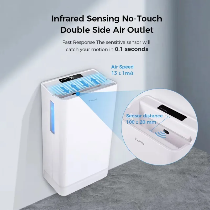 Bathrooms Wall Mounted Vertical Auto Warm Wind Double Side Jet Air Hand Dryer with HEPA Filter