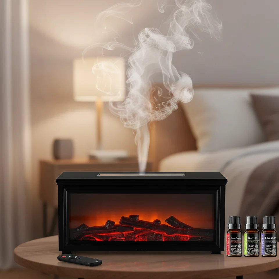 

300ml Essential Oil Diffuser & Air Humidifier with Large Flame Effect, Auto Shut Off, Remote Control, 7 Color LED Night Light, A