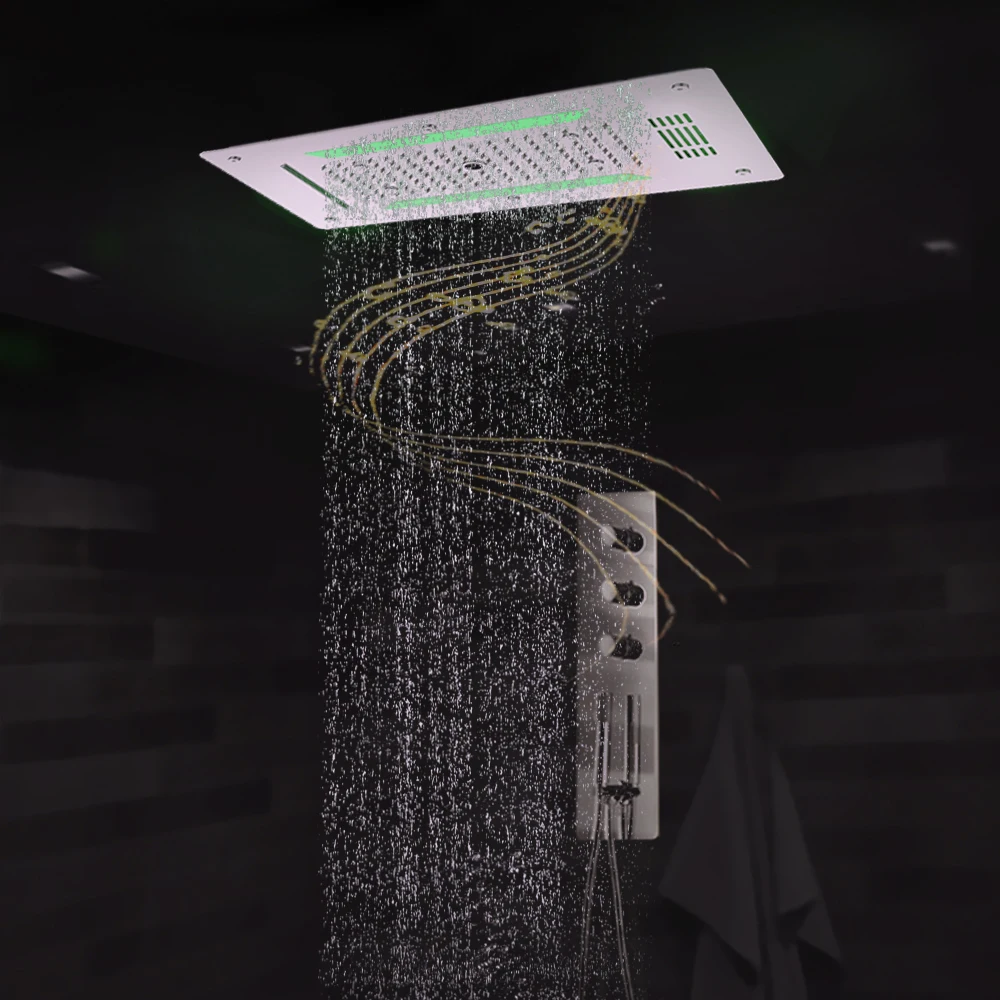 

Скрытая термостатическая душевая панель, 5-позиционный смеситель, светодиодная потолочная тропическая насадка для душа с креплением на Bluetooth, зеркальная душевая система в комплекте