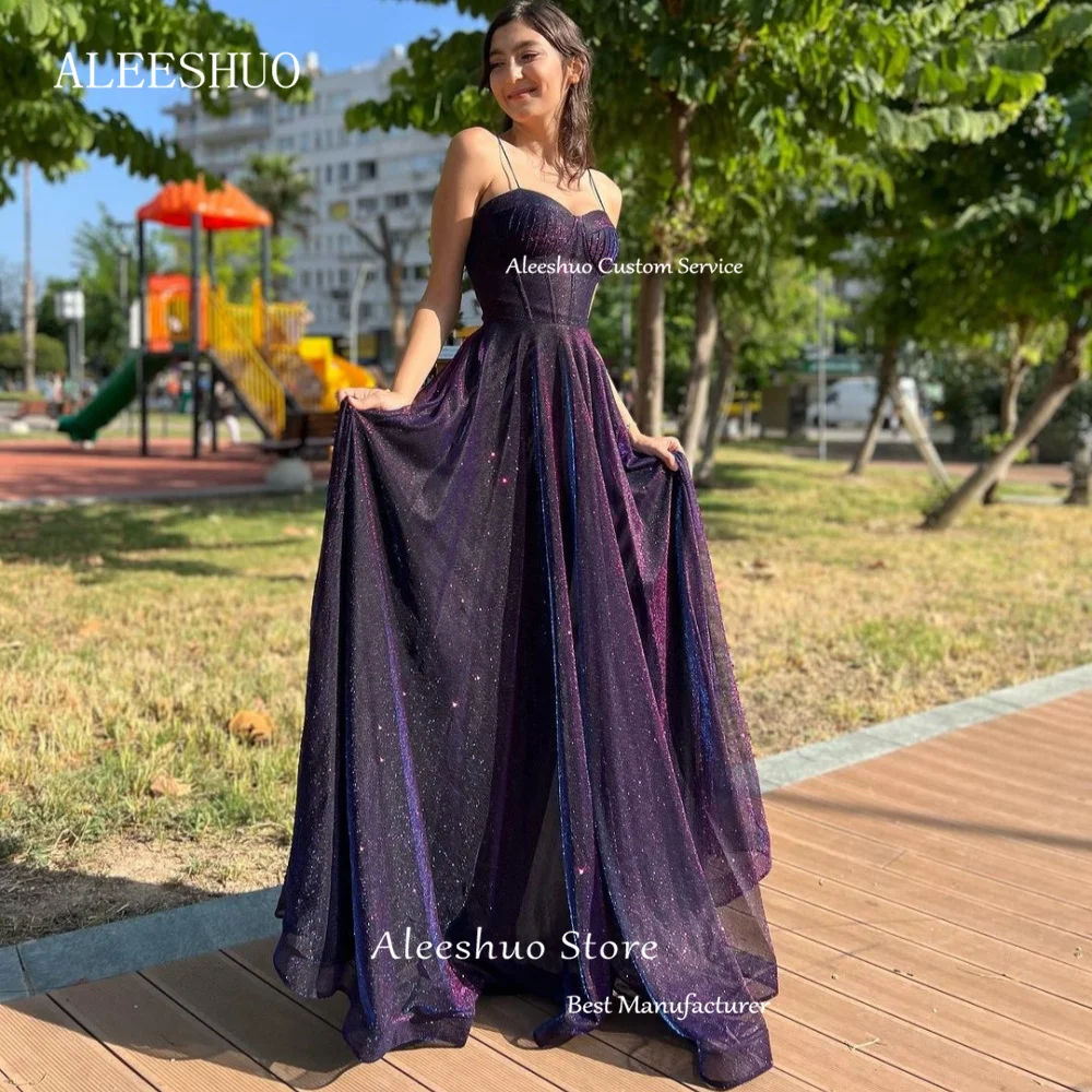 Aleeshuo Shiny Sparkly Dark Purple Long Evening Dresses Women Spaghetti Strap Boning Fitted Slim Glitter Prom Gowns Formal Party