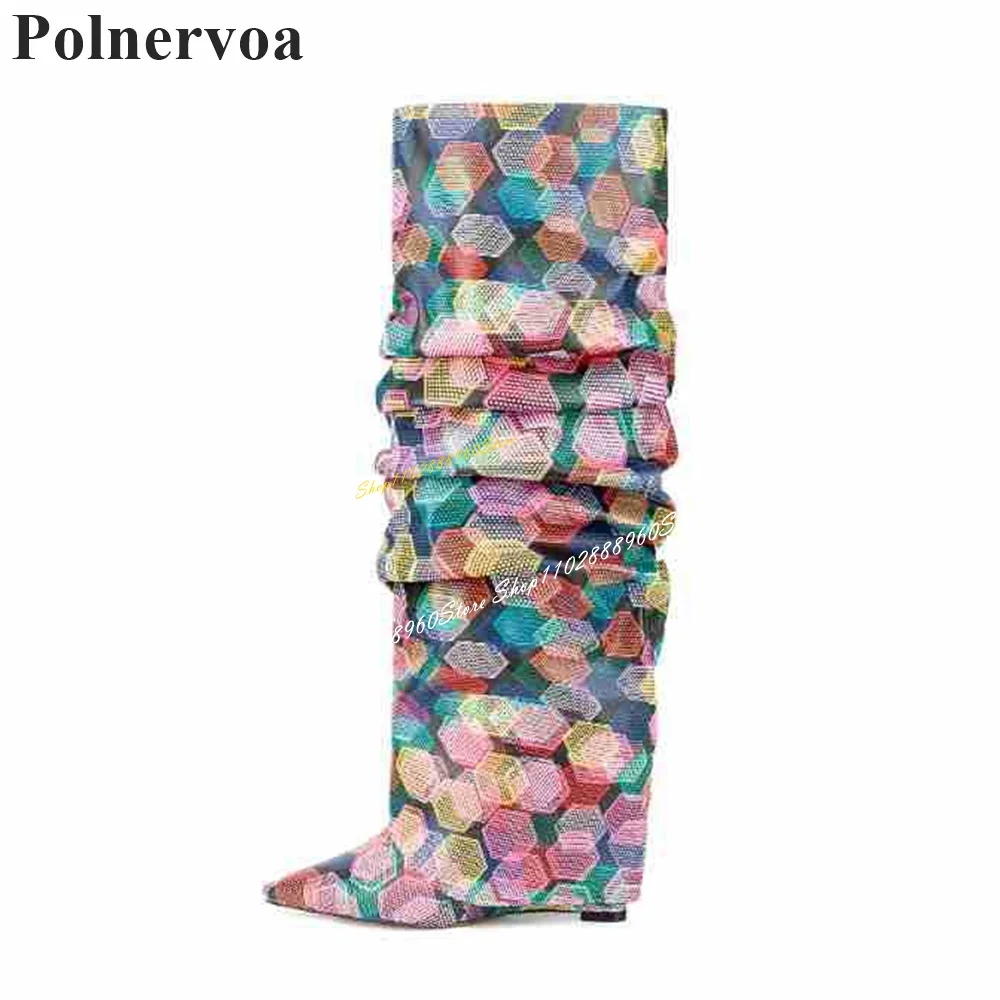 

Knee High Mixed Pleated Turned Over Boots Wedges Heel Shoes For Women Side Zipper Pointed Toe 2024 Fashion Zapatos Para Mujere