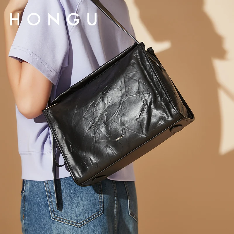 

HONGU женская черная сумка с морщинами из воловьей кожи, мягкая кожаная сумка на плечо, молодежная школьная сумка, сумка большой вместимости H5155838