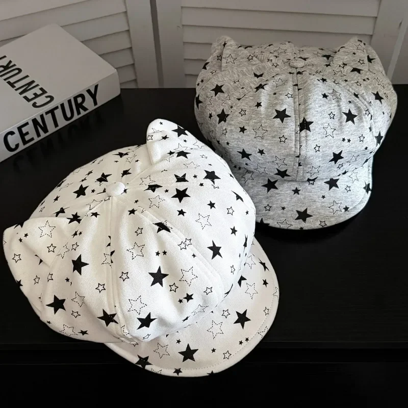 Women's Spring Summer Cat Ear Octagonal Beret Hat Cute Versatile Slim Face Cap