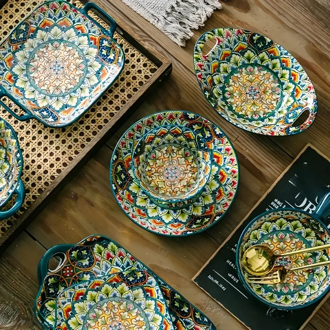 Bohemian Ceramic Plate 7-Piece Set Cross-Border High-Value Plate Household New Dessert Plate Underglazed Spaghetti Bowl