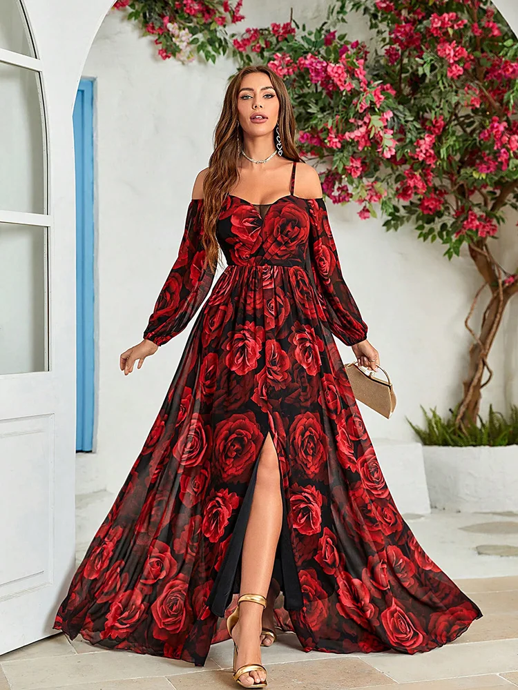 TOLEEN-Vestido largo con estampado Floral para mujer, traje Sexy de gasa con hombros descubiertos y abertura hasta el muslo, estilo bohemio, ideal para vacaciones, novedad de 2024