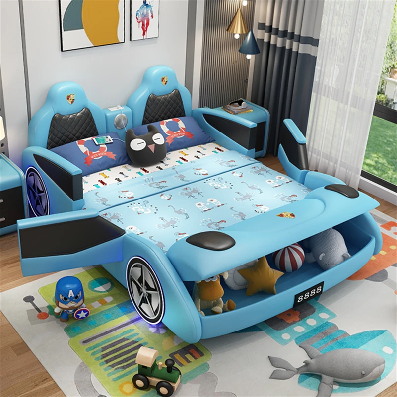

Children's bed Solid wood car Boys single 1.5 meters Creative storage Boys with guardrail Cartoon sports