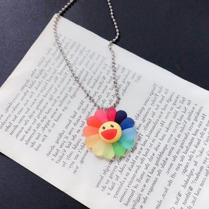 2026 New Resin Pendant Rainbow Sunflower Necklace for Women Men Silvery Long Beads Chain Jewelry Accessories