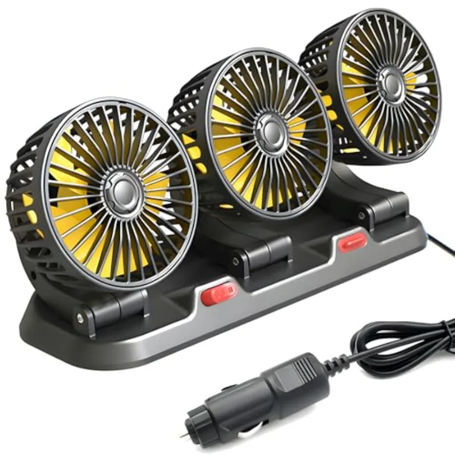 

Portable 3-Head Car Cooling Fan, 2-Speed Adjustable 360° Rotating Fan with Cigarette Lighter Plug, Car Fan, Powerful Airflow Lo