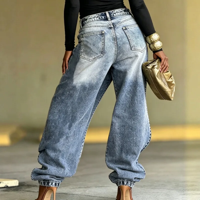ANJY Spring Autumn New Women Niche Design Layered Washed Distressed Patchwork Jeans Chic High Street Wide-Leg Denim Pants A25508