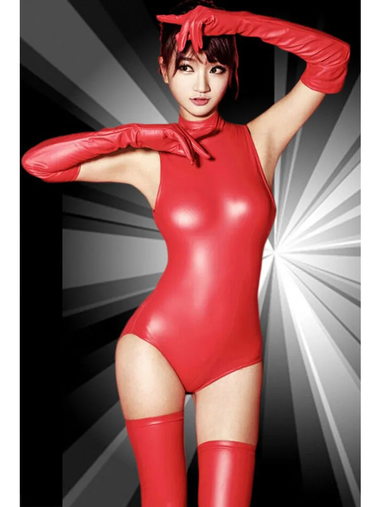 

Sleeveless Oil Faux Latex Catsuit Elastic PU Leather Open Crotch Bodysuit Tights Sexy Cosplay Body Tops Swimsuit Leotard Teddies