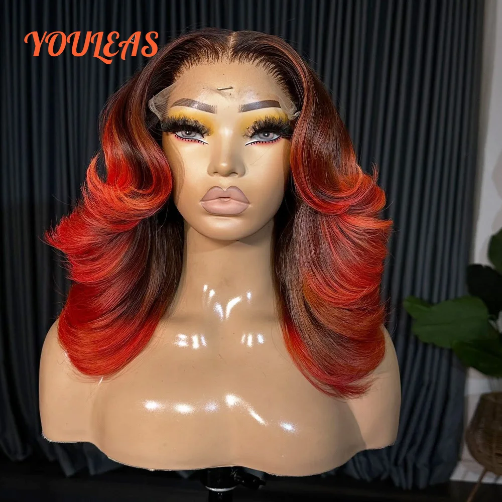 

4/Red Colored Short Bob 13x4 Transparent Lace Front Glueless Human Hair Wig Pre plucked Ready To Wear Loose Wave Wig