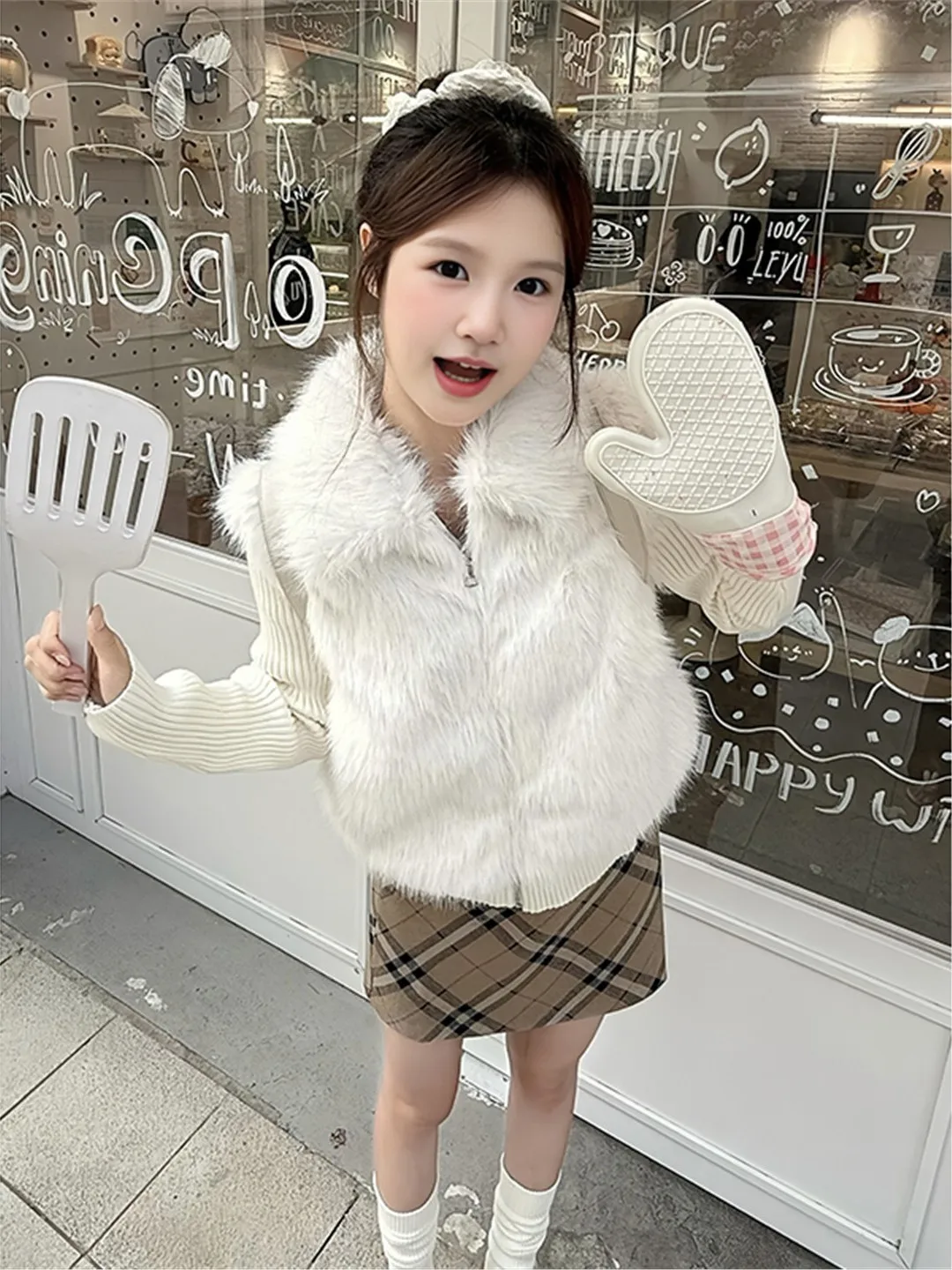 

Korean Style White Furry Splice Knitted Jacket Women's Autumn Warm Short Zipper Open Cardigan Loose Small Size Top
