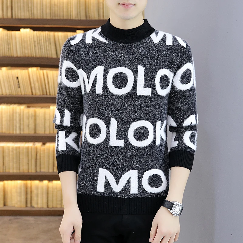 New Arrival Fashion Men\'s Sweater Letter Alphabet Patterned Round Collar Long Sleeve Mixed Color Slim Fit Korean Style Pullovers