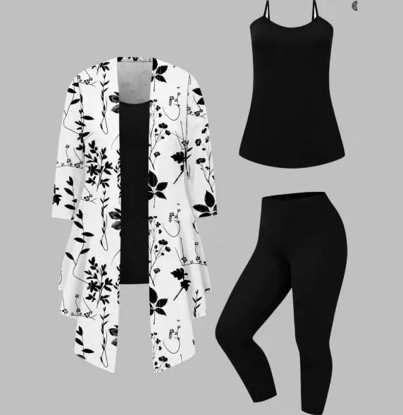 

Autumn Casual Loose Women's 3-Piece Floral Print Irregular Loose Jacket and Sleeveless Camisole Top and Tight Pants Set