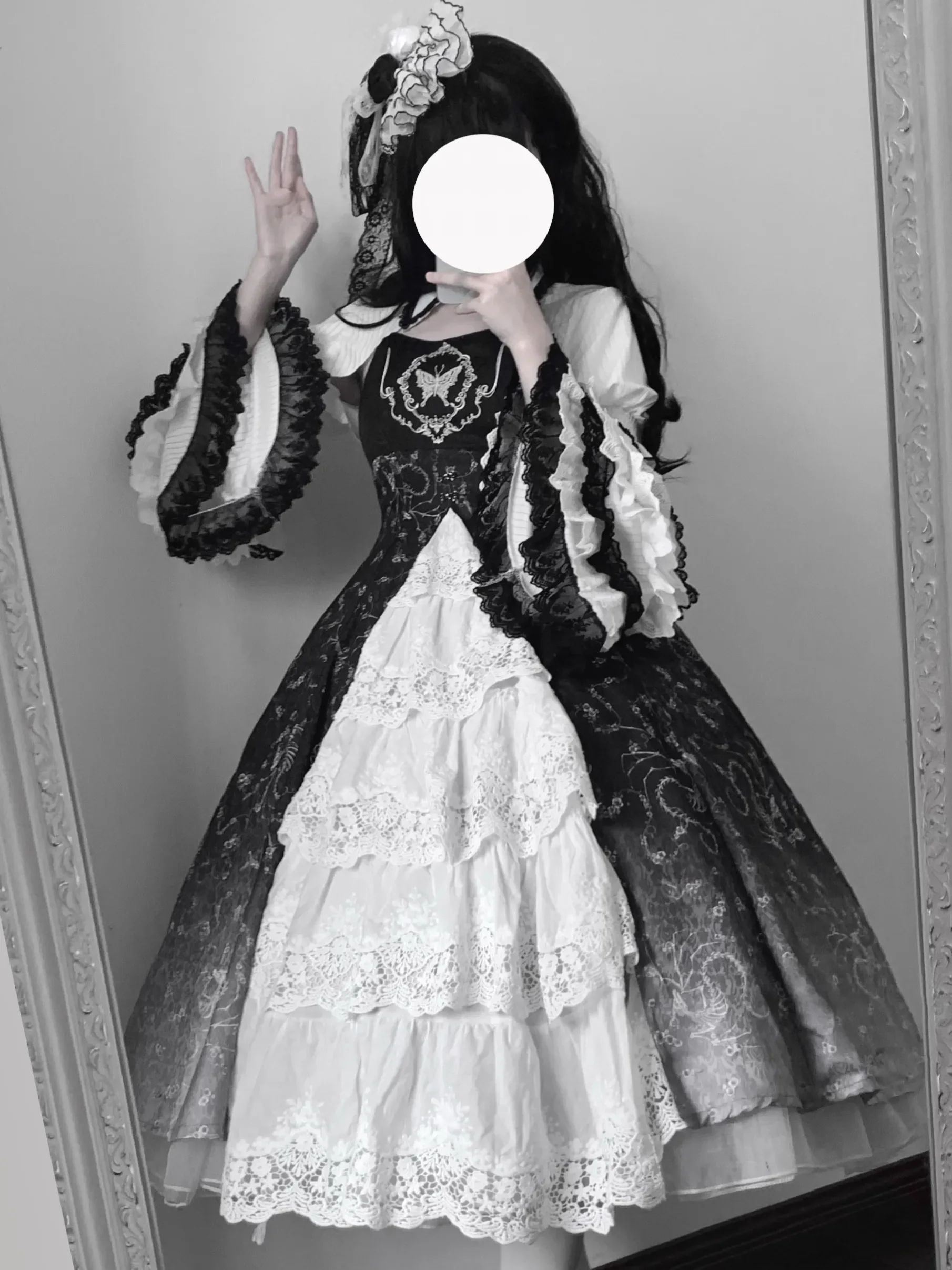 Original Design Gothic Lolita Suspender Dress and Long Sleeve Top Set Two-piece Female Cosplay High Waist Slim Long Dress Set