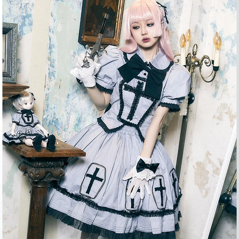 Lolita Skirt Sets Women 2024 Autumn New Gothic Girl Cross Bow Puff Sleeve Top Midi Skirt Two-Piece Set Ladies Outfits